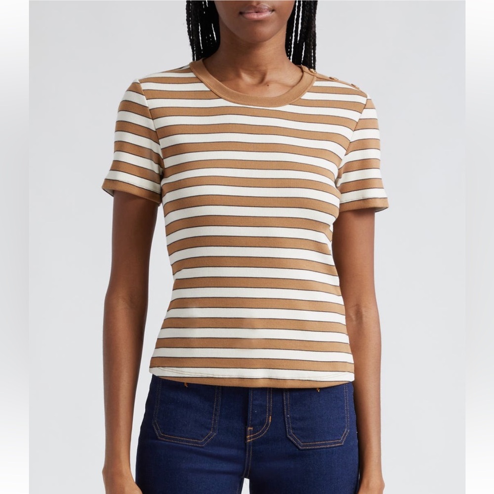Veronica Beard Draya Stripe Rib Stretch Cotton Top- Shade Carmel- M